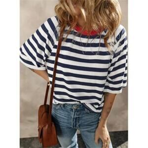 Striped Color Block Top White Blue Red Neck Casual Tee